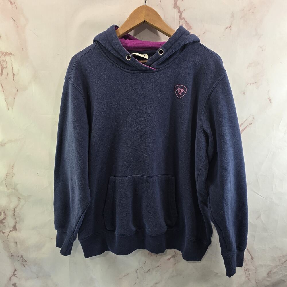 Ariat Hoodie Womens Medium Blue Pink Pullover Sweatshirt Spellout Arm Navy